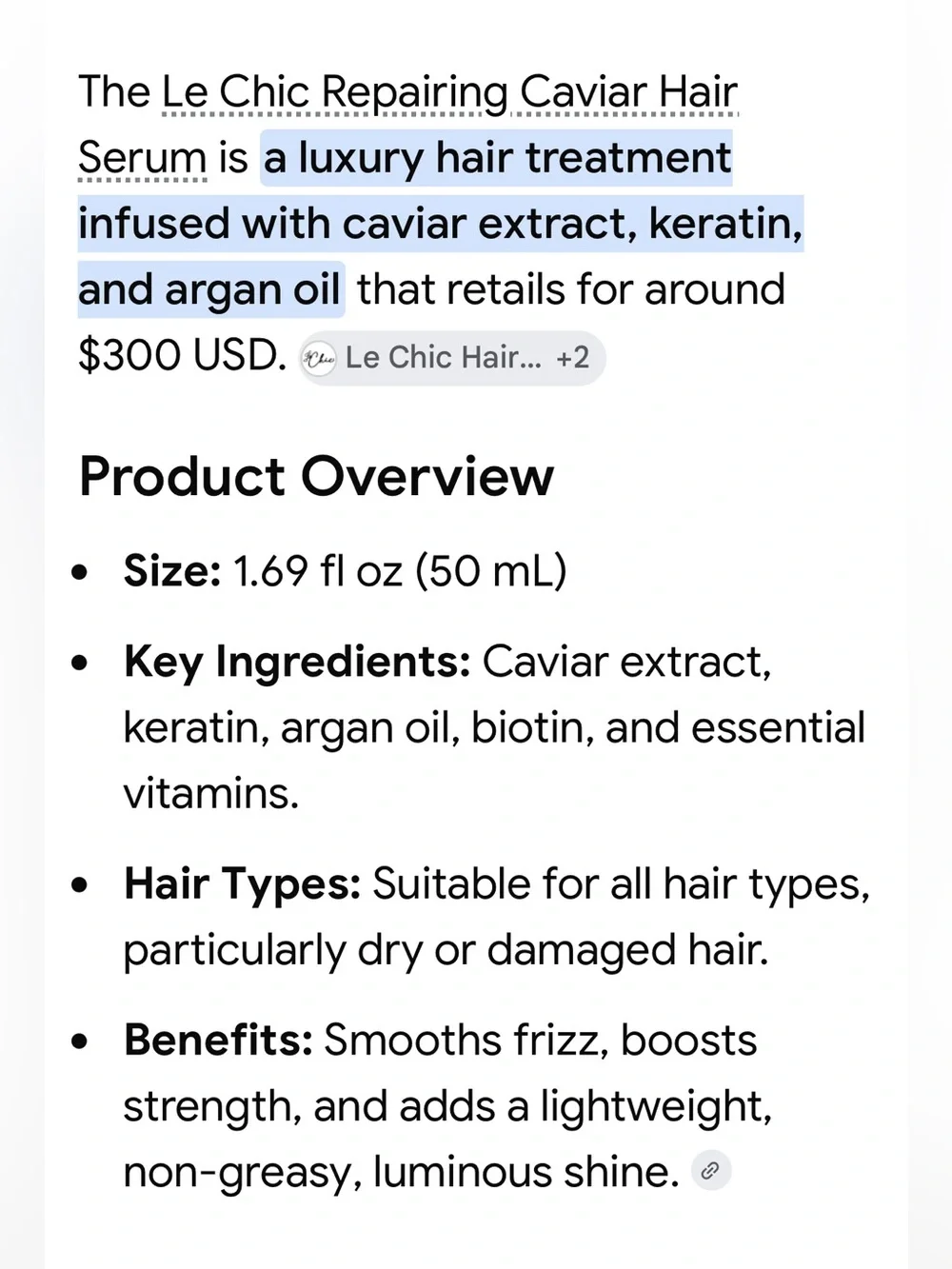 LE’ CHIC Repairing Caviar Hair Serum infused with caviar extract, keratin